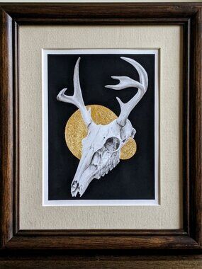 Deer Skull Fine Art Print Gold Leaf Embellished Original Artwork Wall Decor Gift